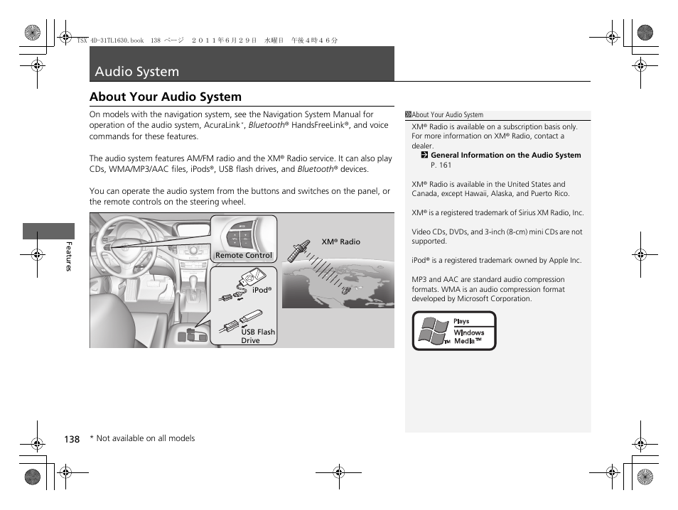 Audio system p. 138, P138), Audio system | About your audio system | Acura 2012 TSX User Manual | Page 140 / 326