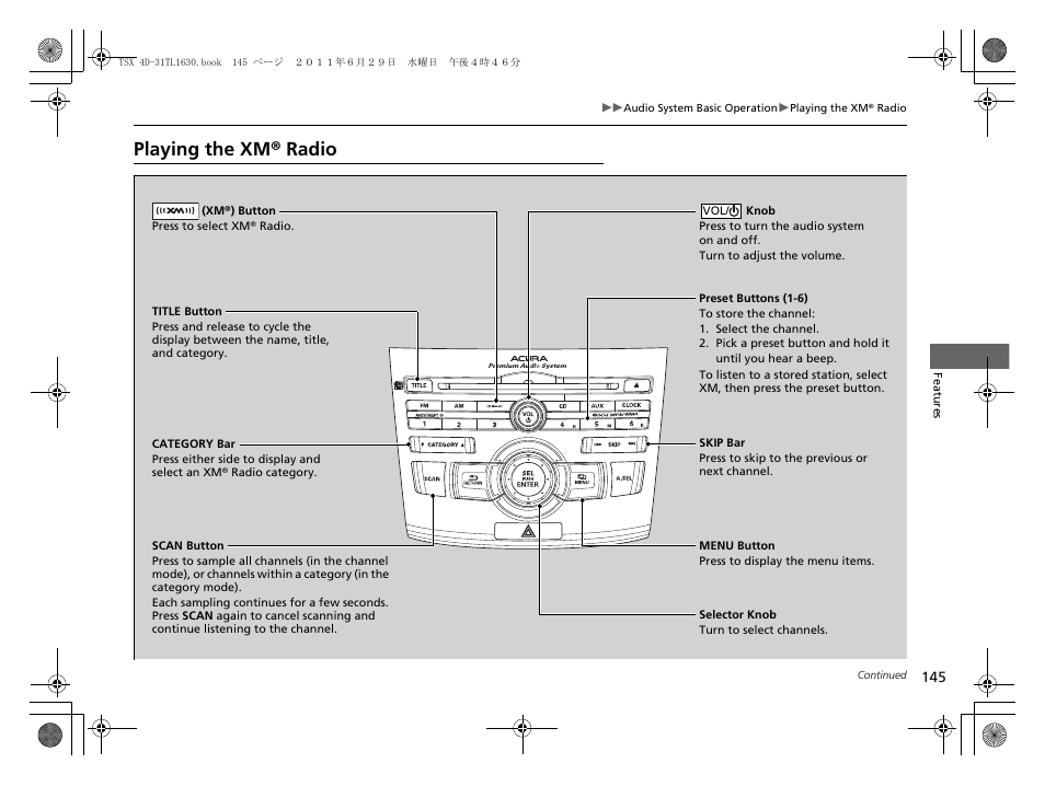 Playing the xm® radio | Acura 2012 TSX User Manual | Page 147 / 326