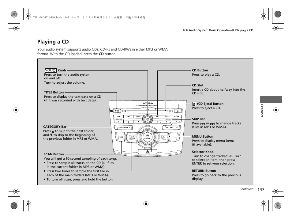 Playing a cd | Acura 2012 TSX User Manual | Page 149 / 326