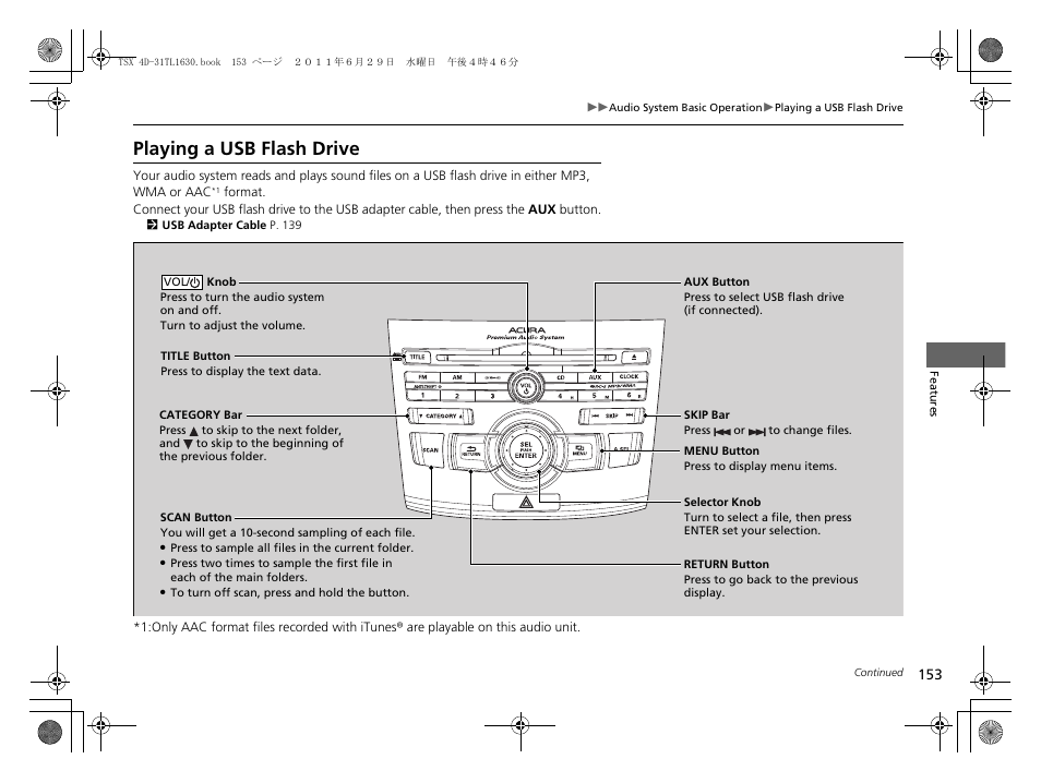 Playing a usb flash drive | Acura 2012 TSX User Manual | Page 155 / 326