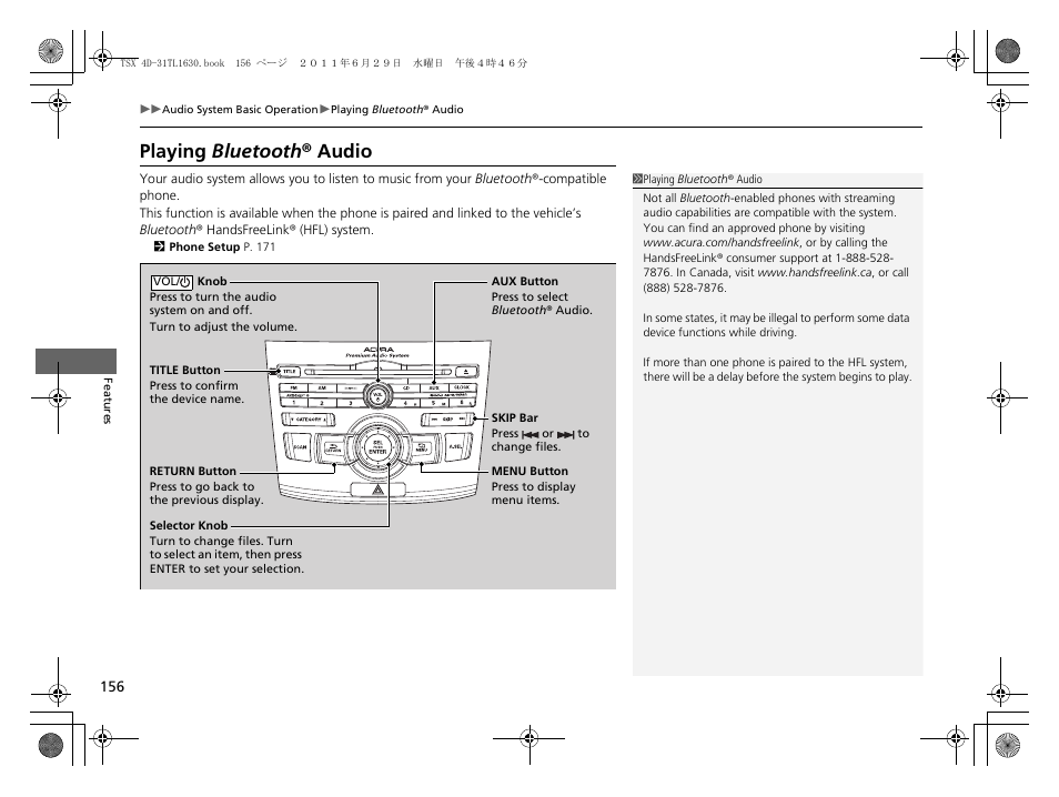 Playing bluetooth ® audio | Acura 2012 TSX User Manual | Page 158 / 326