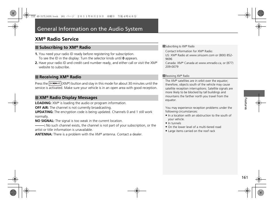 General information on the audio system p. 161, General information on the audio, System | Xm® radio service, General information on the audio system | Acura 2012 TSX User Manual | Page 163 / 326