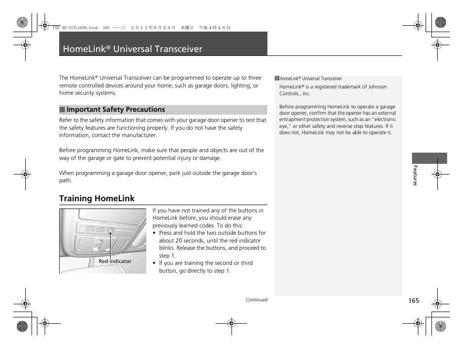 Homelink® universal transceiver p, P165), Homelink® universal transceiver | Training homelink | Acura 2012 TSX User Manual | Page 167 / 326