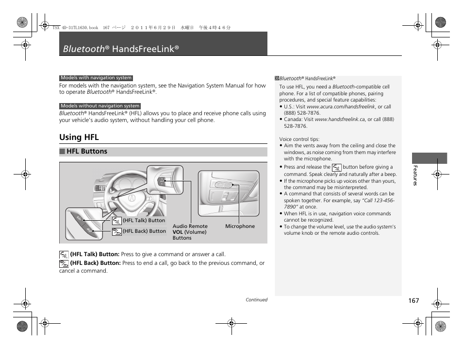 Bluetooth ® handsfreelink® p. 167, P167), Bluetooth ® handsfreelink | Using hfl | Acura 2012 TSX User Manual | Page 169 / 326