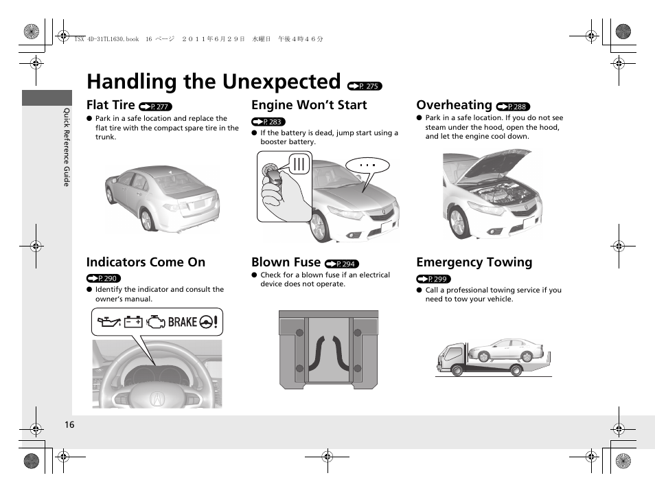 Handling the unexpected (p 275), Handling the unexpected, Flat tire | Indicators come on, Engine won’t start, Blown fuse, Overheating, Emergency towing | Acura 2012 TSX User Manual | Page 18 / 326