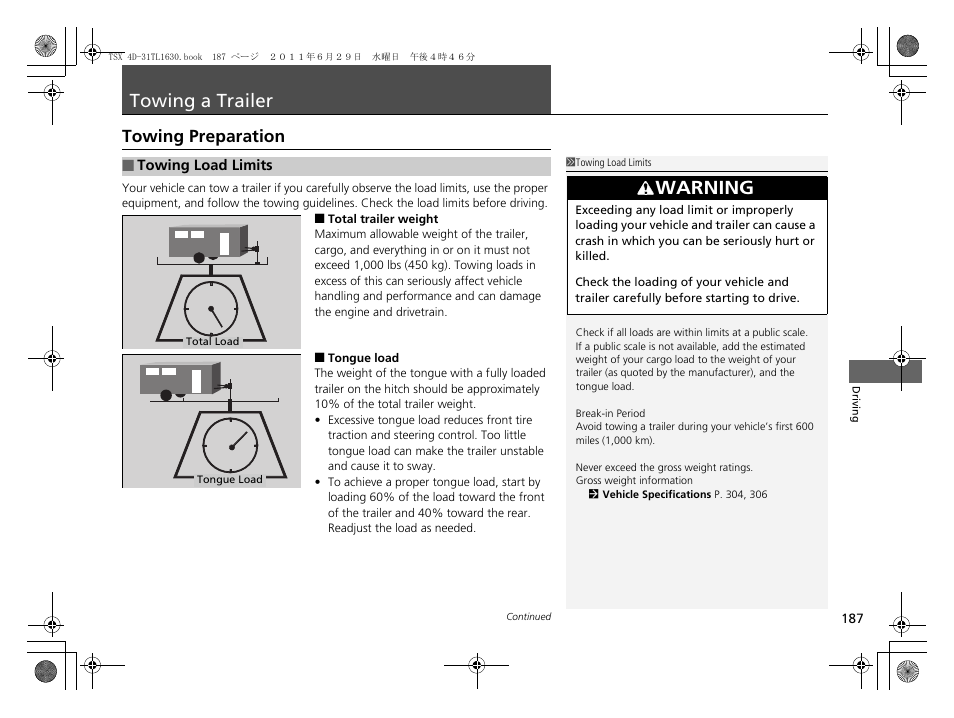 Towing a trailer, Warning, Towing preparation | Acura 2012 TSX User Manual | Page 189 / 326