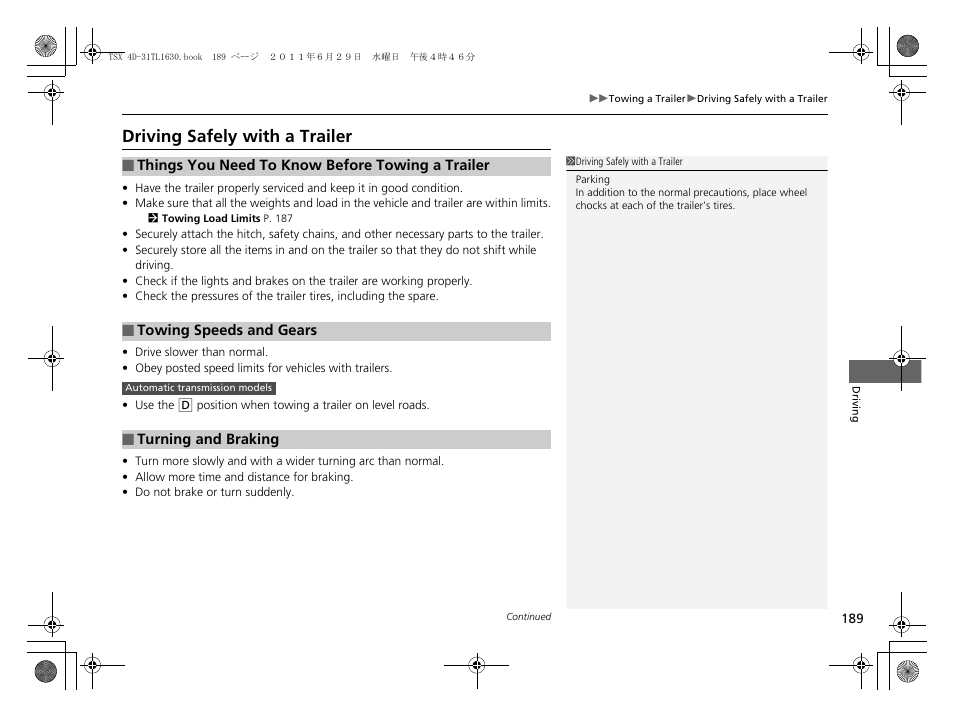 Driving safely with a trailer | Acura 2012 TSX User Manual | Page 191 / 326