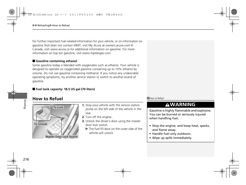 P216, How to refuel, Warning | Acura 2012 TSX User Manual | Page 218 / 326