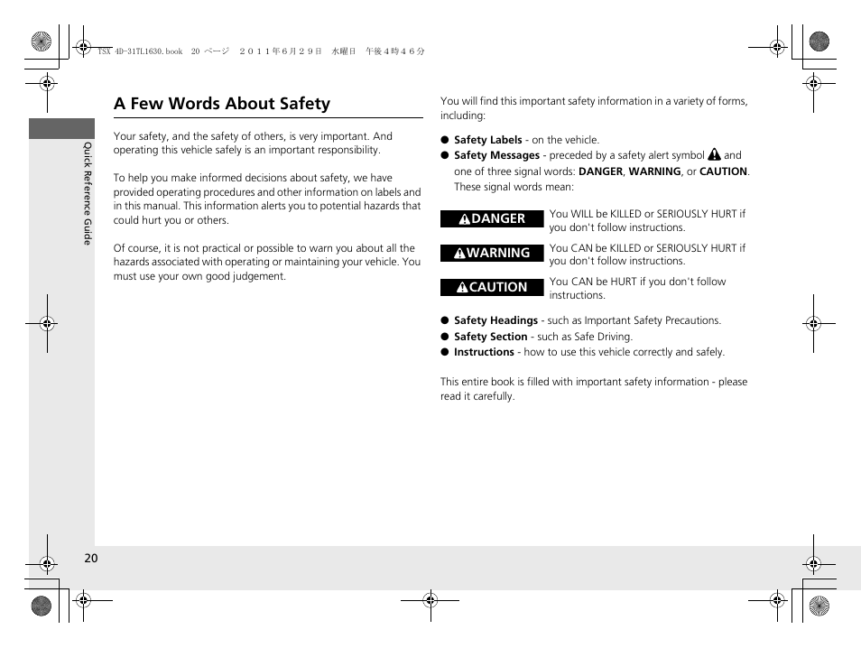 A few words about safety | Acura 2012 TSX User Manual | Page 22 / 326