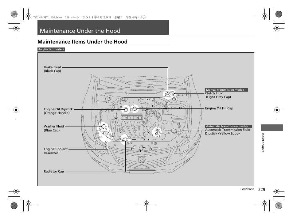 Maintenance under the hood, P229), P 229) | Maintenance items under the hood | Acura 2012 TSX User Manual | Page 231 / 326