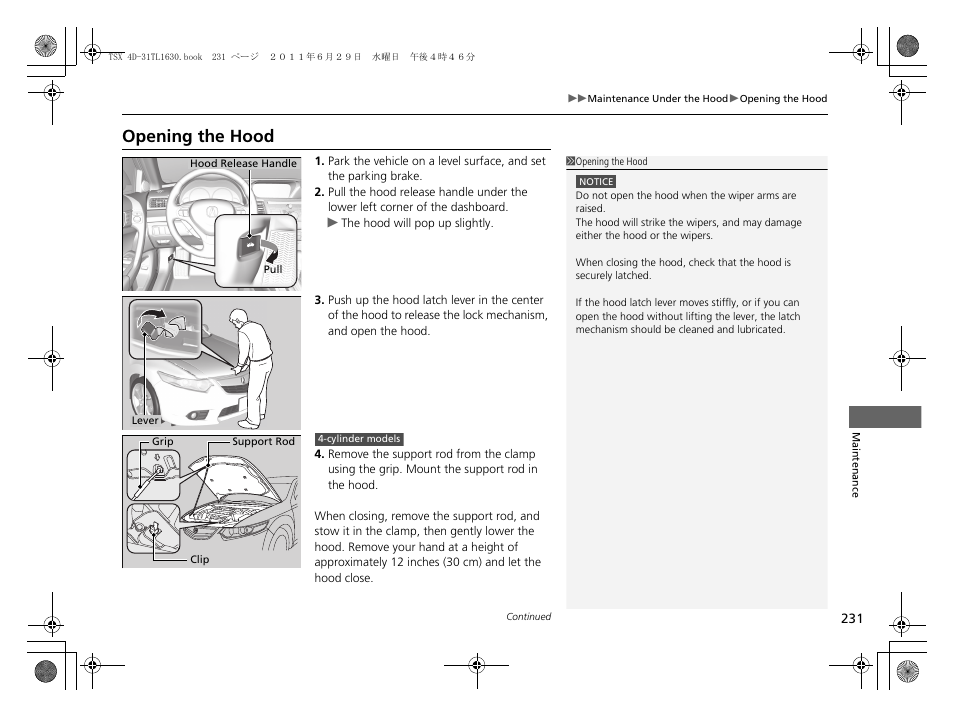 P 231), Opening the hood | Acura 2012 TSX User Manual | Page 233 / 326