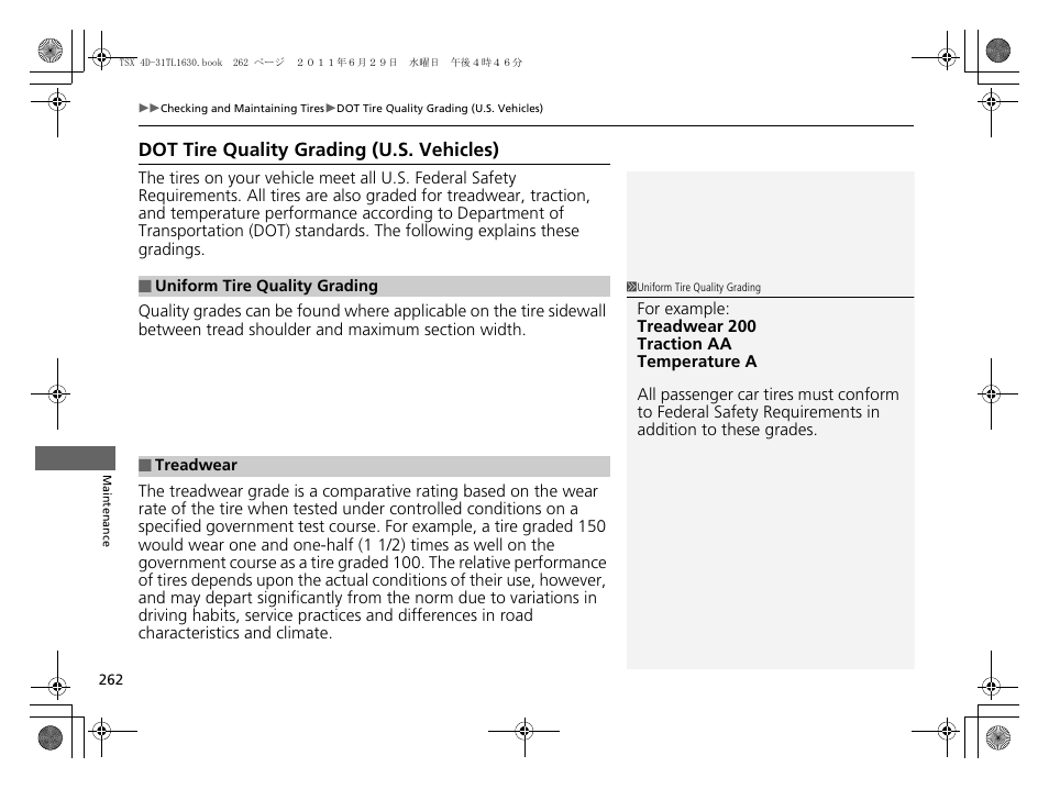 Dot tire quality grading (u.s. vehicles) | Acura 2012 TSX User Manual | Page 264 / 326