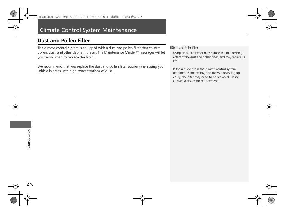 Climate control system maintenance, Dust and pollen filter | Acura 2012 TSX User Manual | Page 272 / 326