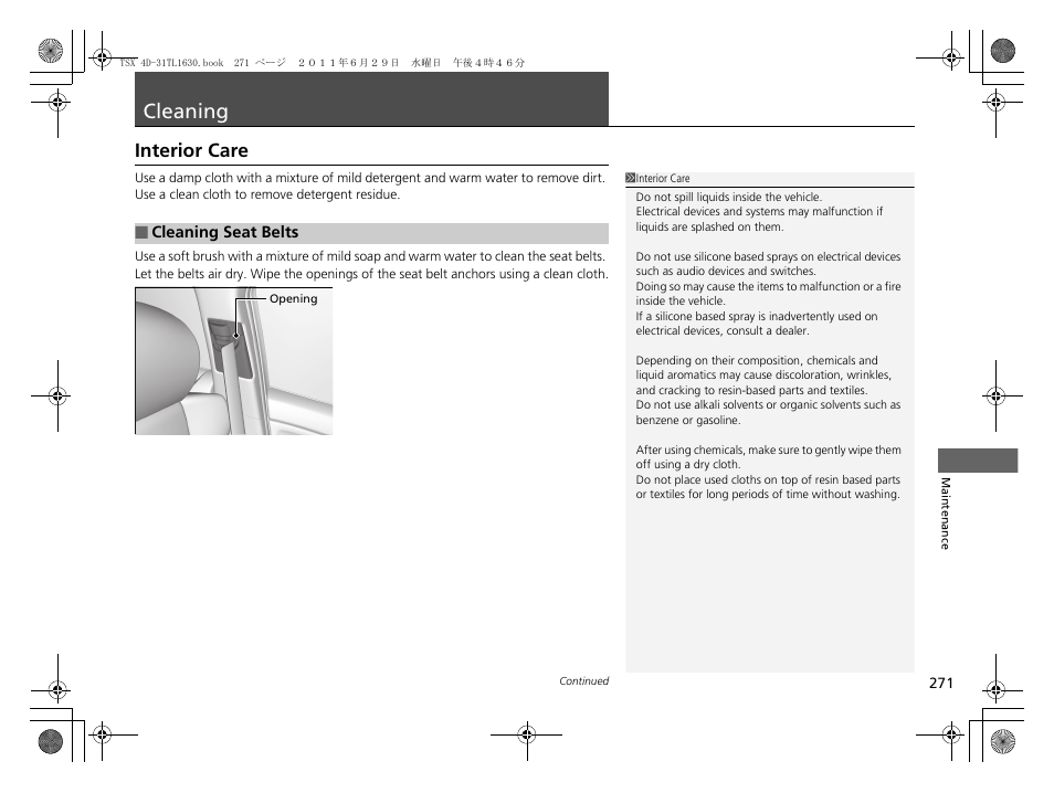 Cleaning p. 271, Cleaning, Interior care | Acura 2012 TSX User Manual | Page 273 / 326