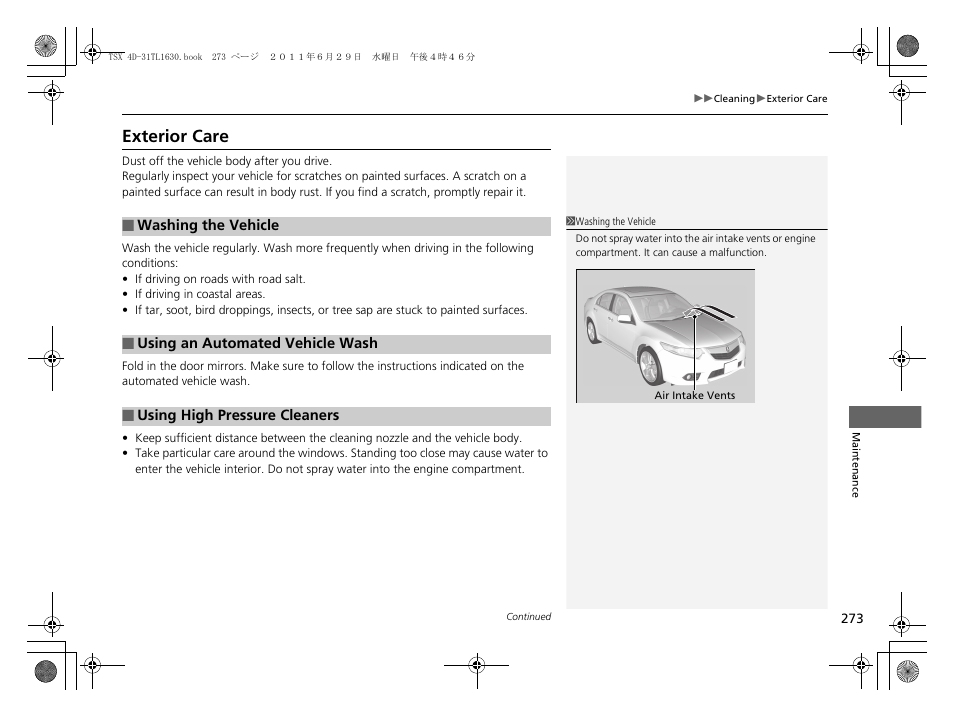 Exterior care | Acura 2012 TSX User Manual | Page 275 / 326