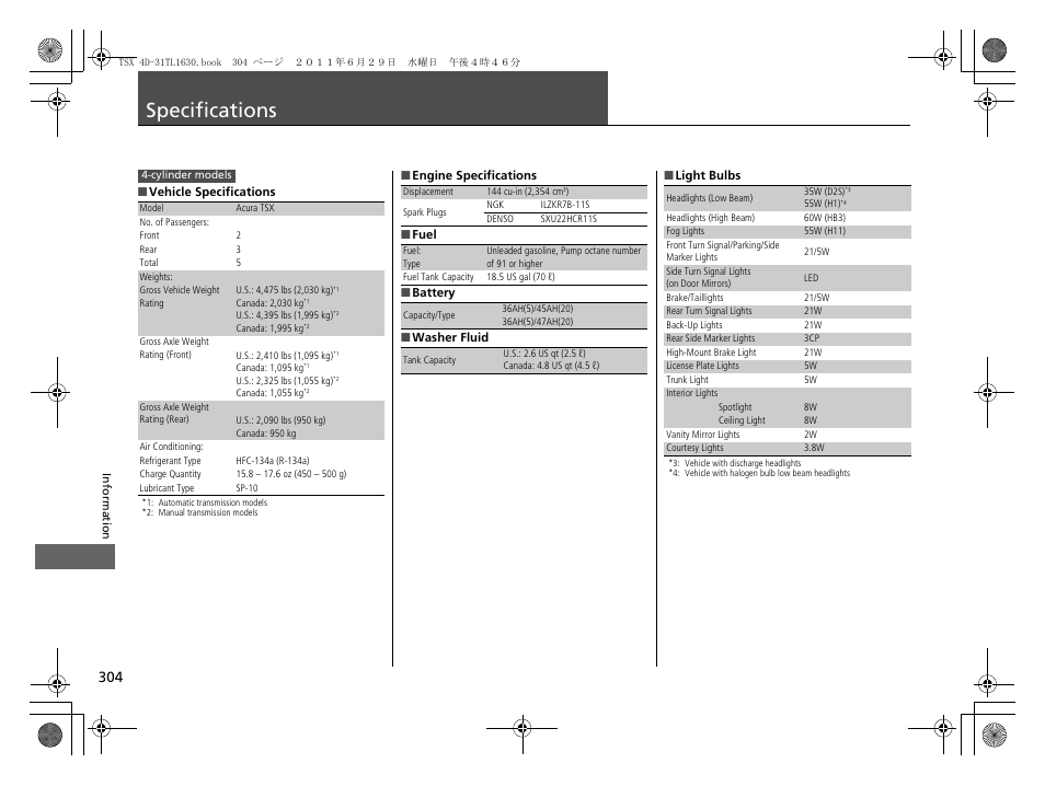 Specifications p. 304, Specifications | Acura 2012 TSX User Manual | Page 306 / 326