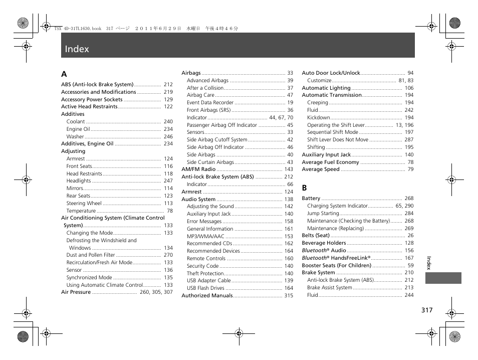 Index, Index a | Acura 2012 TSX User Manual | Page 319 / 326