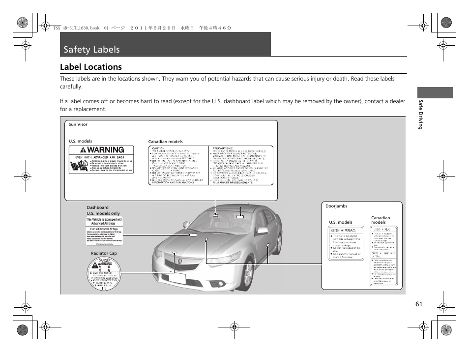 Safety labels p. 61, Safety labels, Label locations | Acura 2012 TSX User Manual | Page 63 / 326