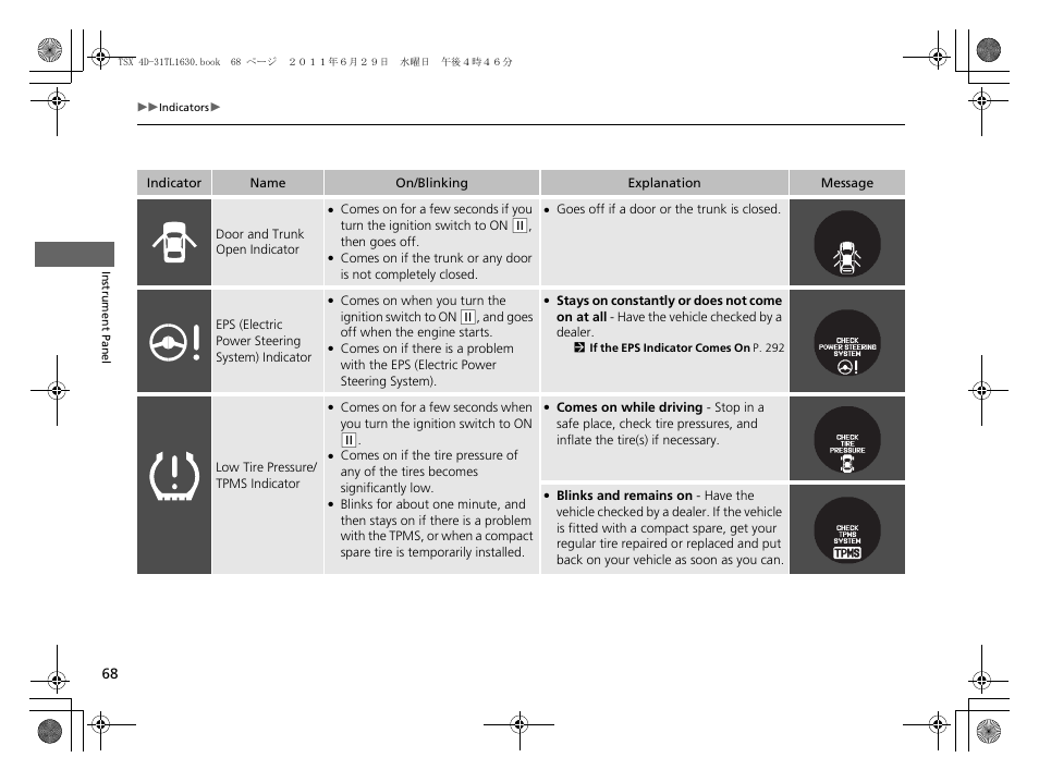 Door and trunk open indicator | Acura 2012 TSX User Manual | Page 70 / 326