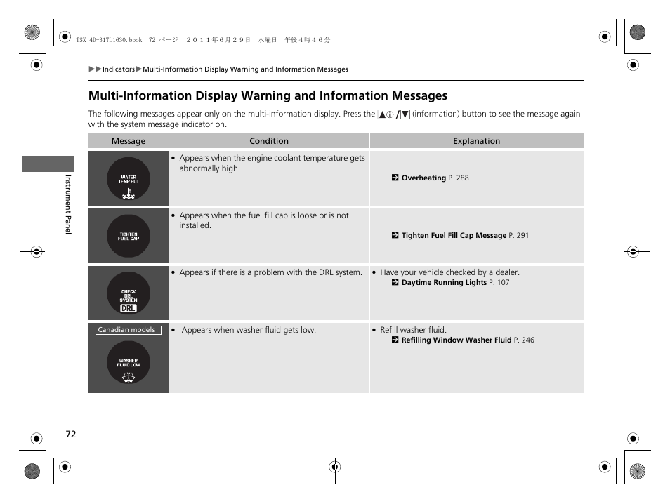Multi-information display warning and, Information messages | Acura 2012 TSX User Manual | Page 74 / 326