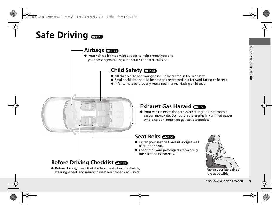 Safe driving (p21), Safe driving, Airbags | Child safety, Exhaust gas hazard, Before driving checklist, Seat belts | Acura 2012 TSX User Manual | Page 9 / 326