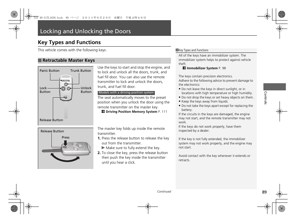 Locking and unlocking the doors p. 89, Locking and unlocking the doors, Key types and functions | Acura 2012 TSX User Manual | Page 91 / 326