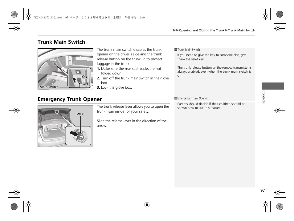 P97), Trunk main switch, Emergency trunk opener | Acura 2012 TSX User Manual | Page 99 / 326