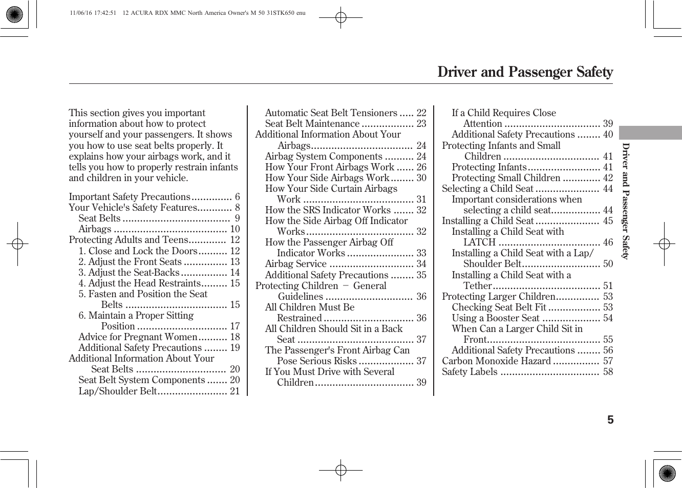 Driver and passenger safety | Acura 2012 RDX User Manual | Page 11 / 518