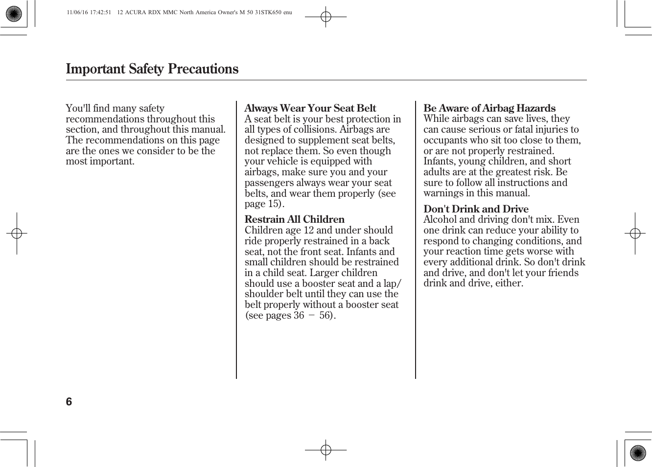 Important safety precautions | Acura 2012 RDX User Manual | Page 12 / 518