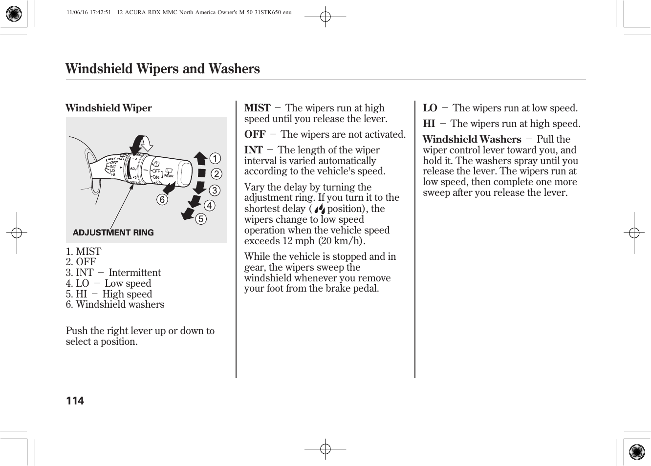 Windshield wipers and washers | Acura 2012 RDX User Manual | Page 120 / 518