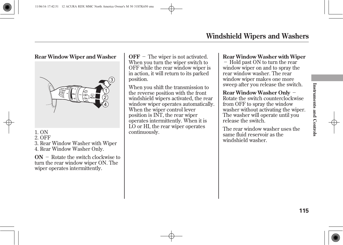 Windshield wipers and washers | Acura 2012 RDX User Manual | Page 121 / 518