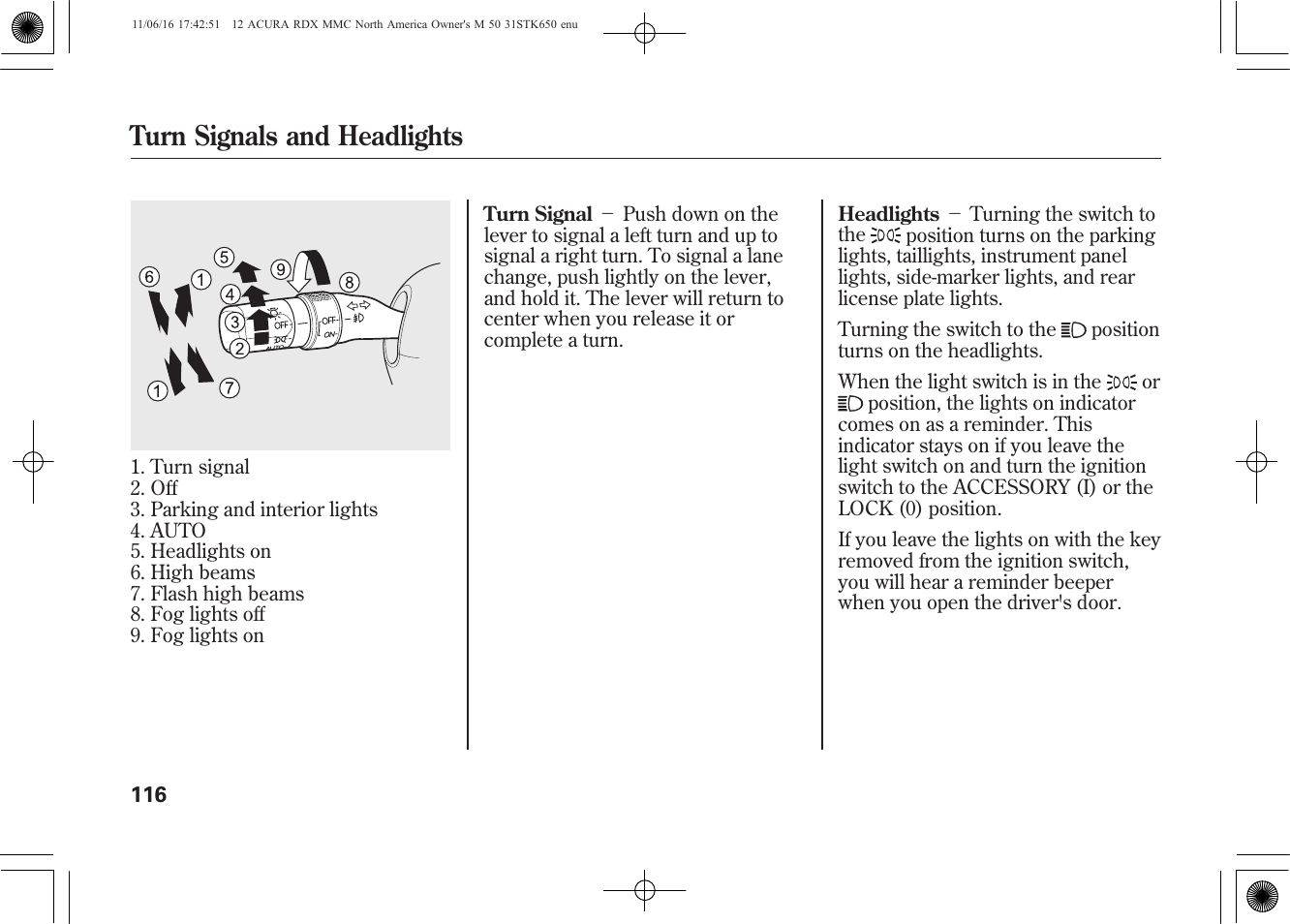 Turn signals and headlights | Acura 2012 RDX User Manual | Page 122 / 518