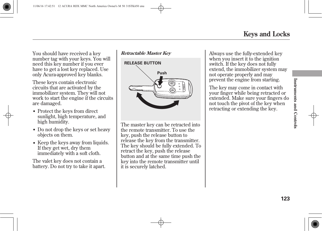 Keys and locks | Acura 2012 RDX User Manual | Page 129 / 518