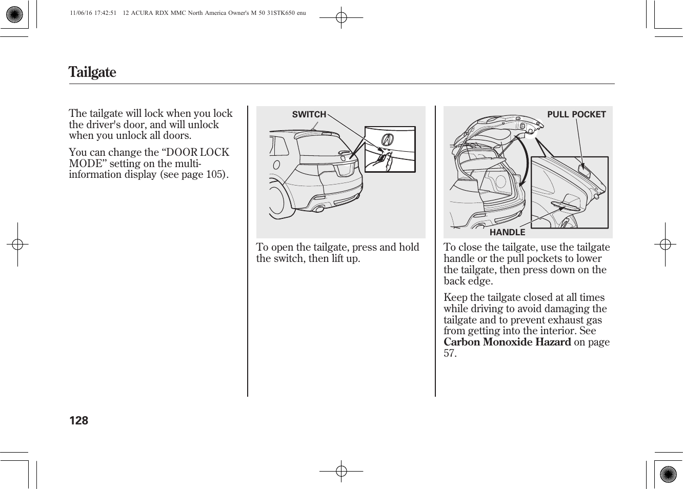 Tailgate | Acura 2012 RDX User Manual | Page 134 / 518