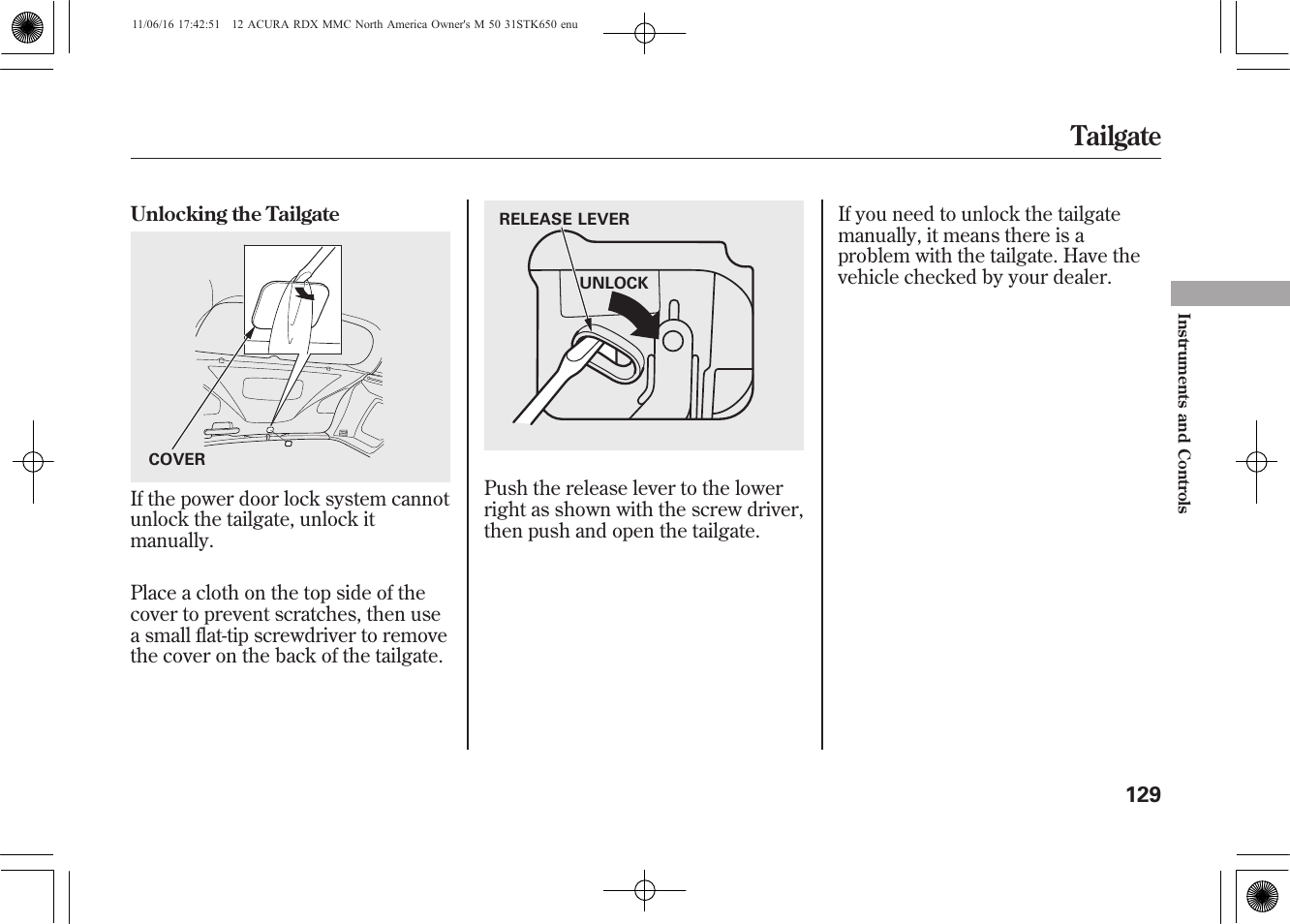 Tailgate | Acura 2012 RDX User Manual | Page 135 / 518