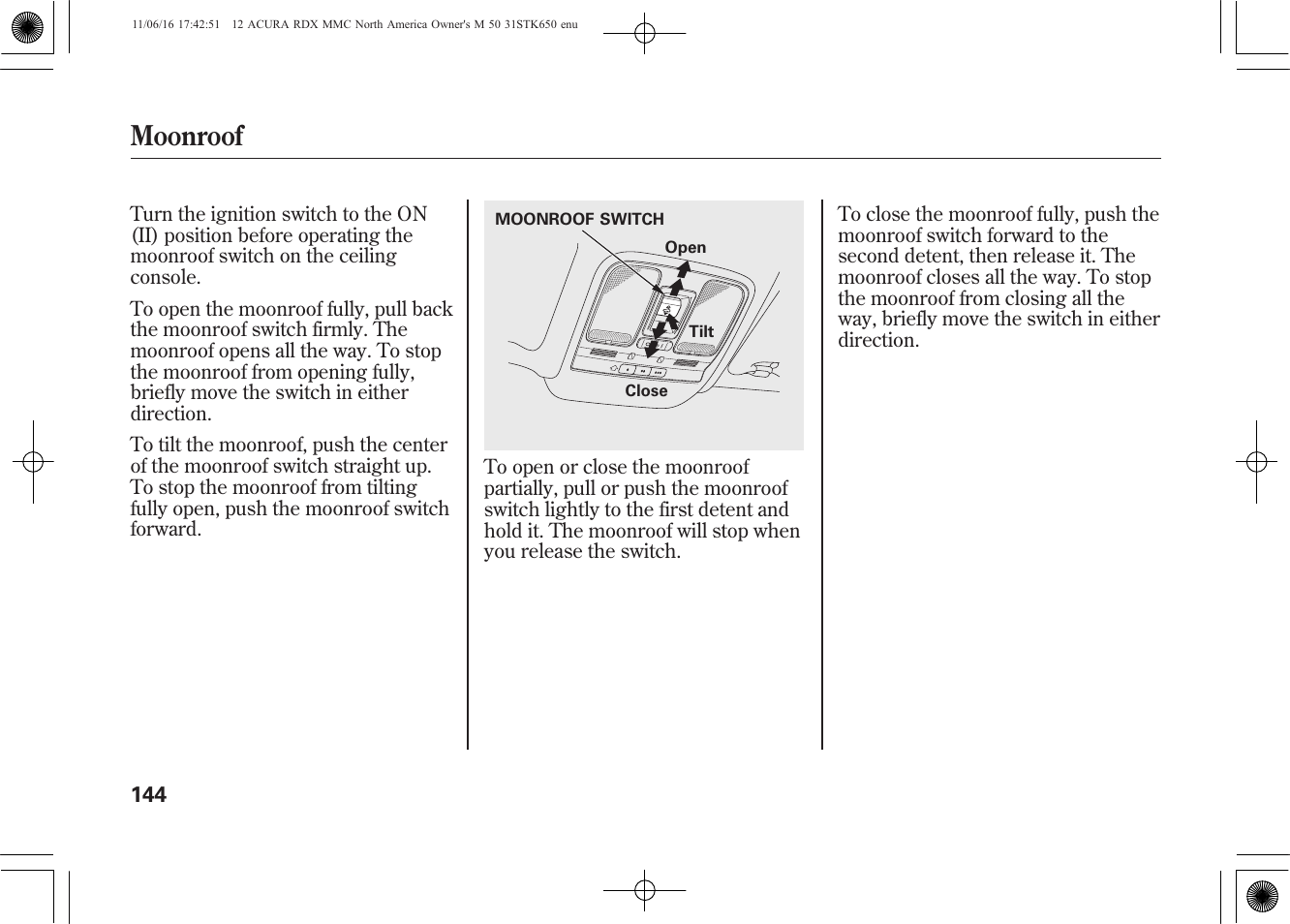 Moonroof | Acura 2012 RDX User Manual | Page 150 / 518