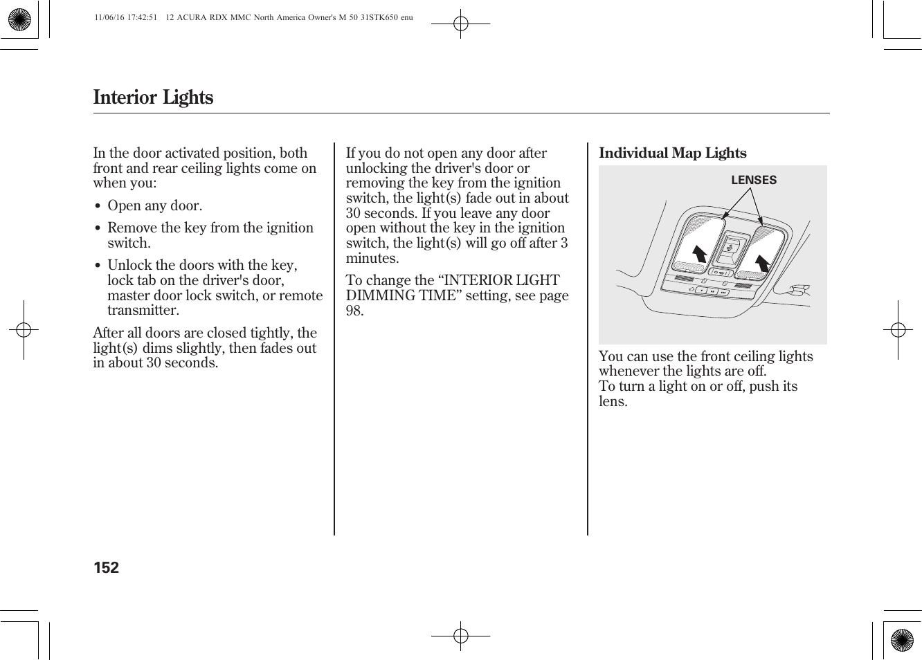 Interior lights | Acura 2012 RDX User Manual | Page 158 / 518