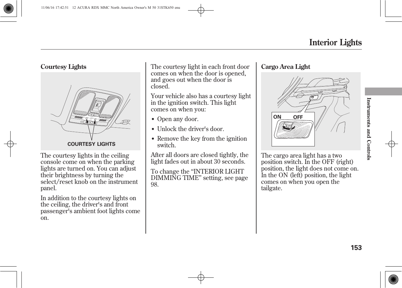 Interior lights | Acura 2012 RDX User Manual | Page 159 / 518