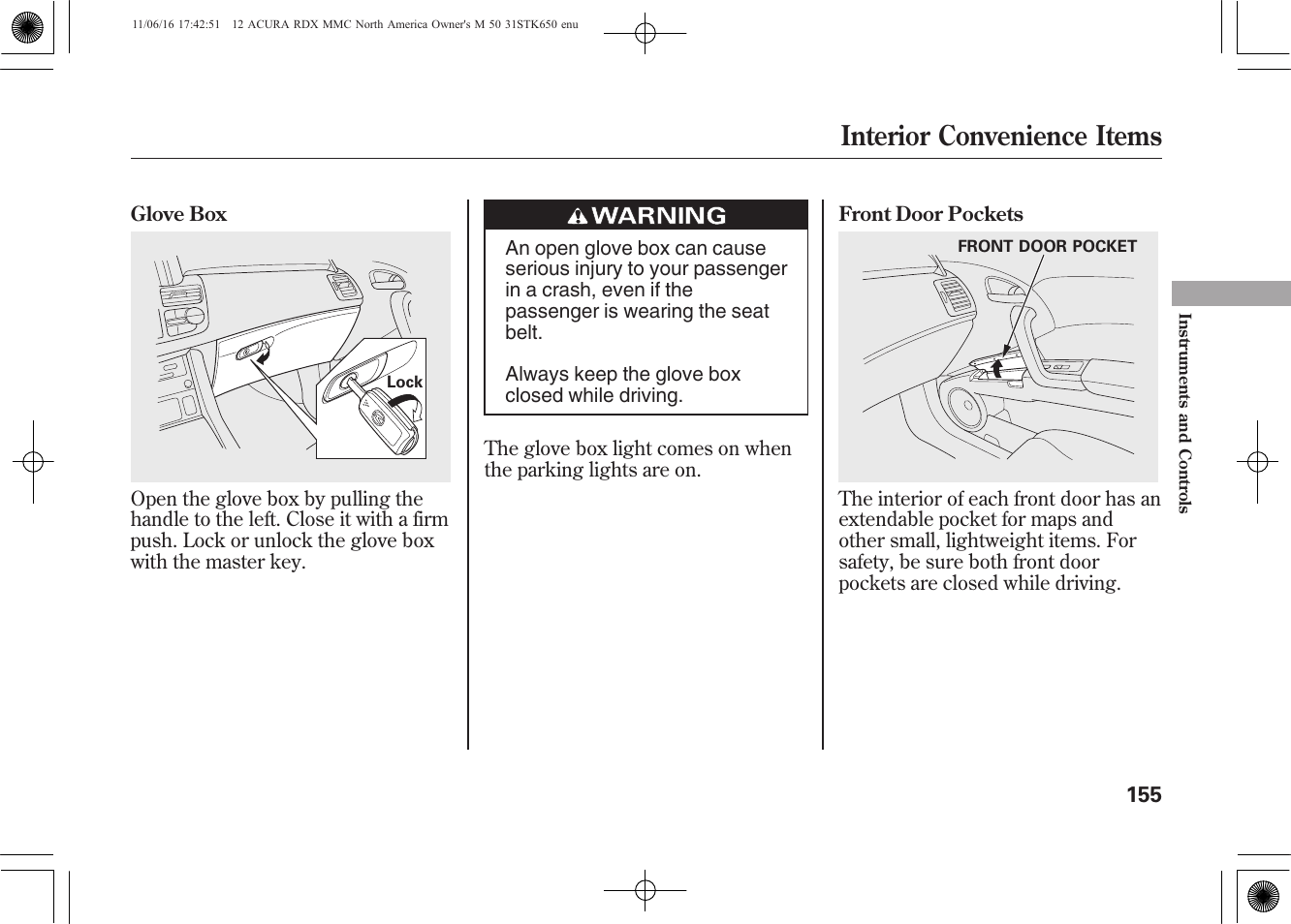 Interior convenience items | Acura 2012 RDX User Manual | Page 161 / 518