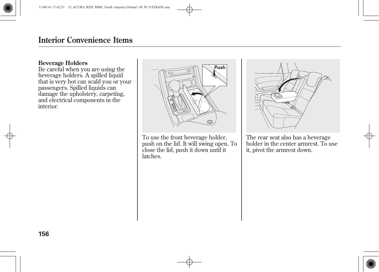 Interior convenience items | Acura 2012 RDX User Manual | Page 162 / 518