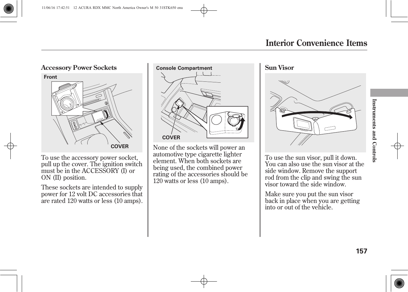 Interior convenience items | Acura 2012 RDX User Manual | Page 163 / 518
