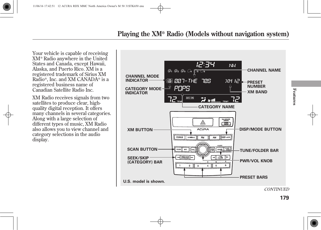 Playing the xm, Radio (models without navigation system) | Acura 2012 RDX User Manual | Page 185 / 518