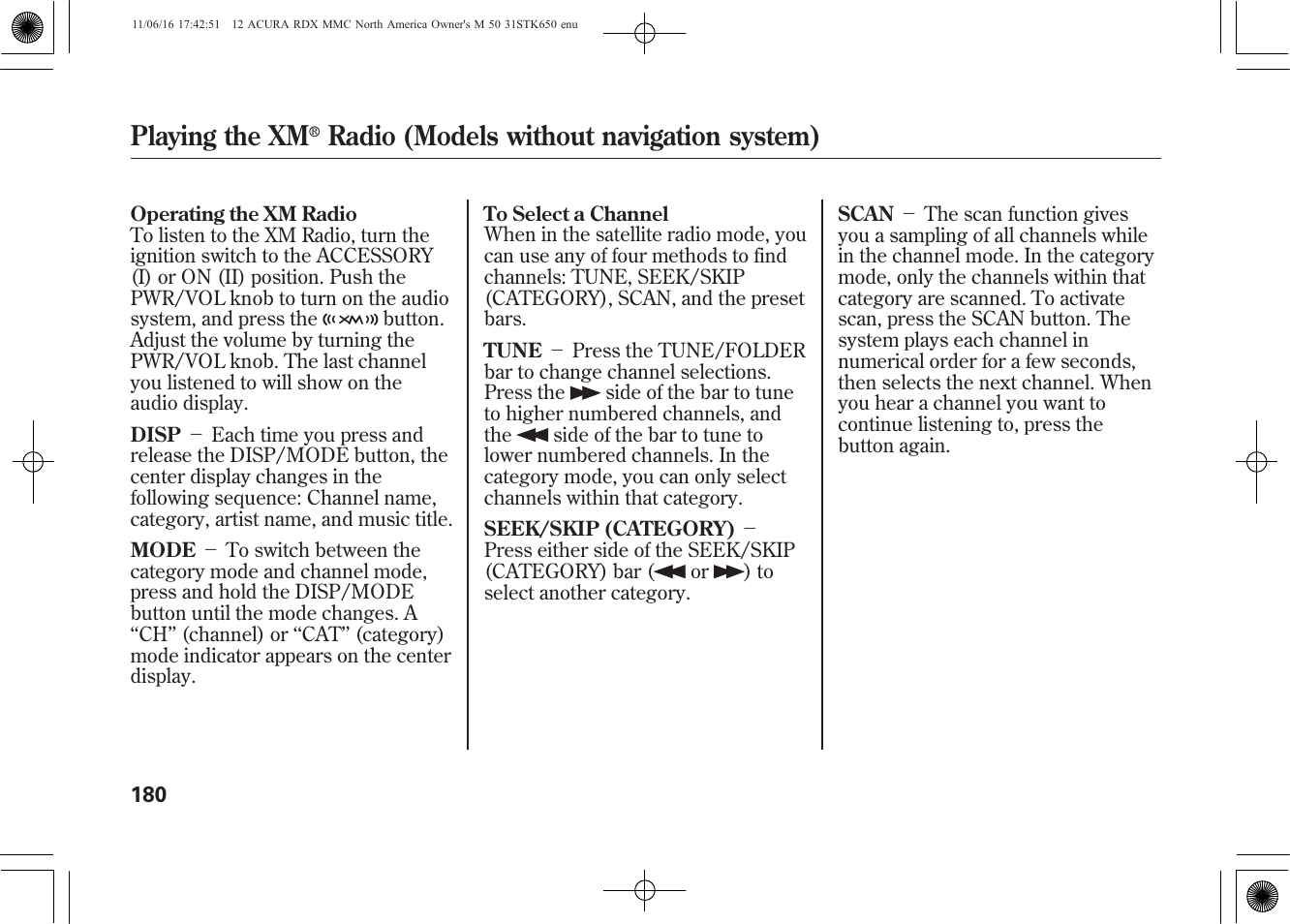 Playing the xm, Radio (models without navigation system) | Acura 2012 RDX User Manual | Page 186 / 518