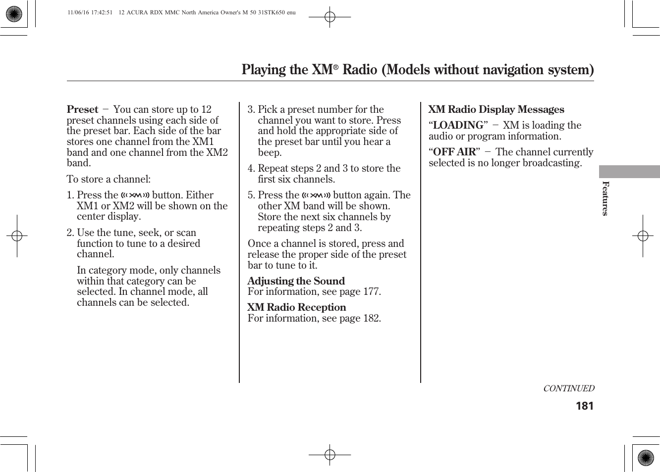 Playing the xm, Radio (models without navigation system) | Acura 2012 RDX User Manual | Page 187 / 518