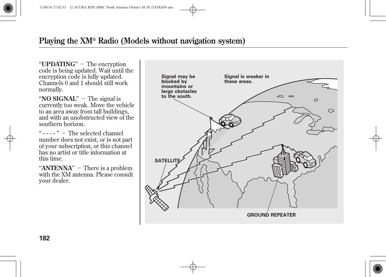 Playing the xm, Radio (models without navigation system) | Acura 2012 RDX User Manual | Page 188 / 518