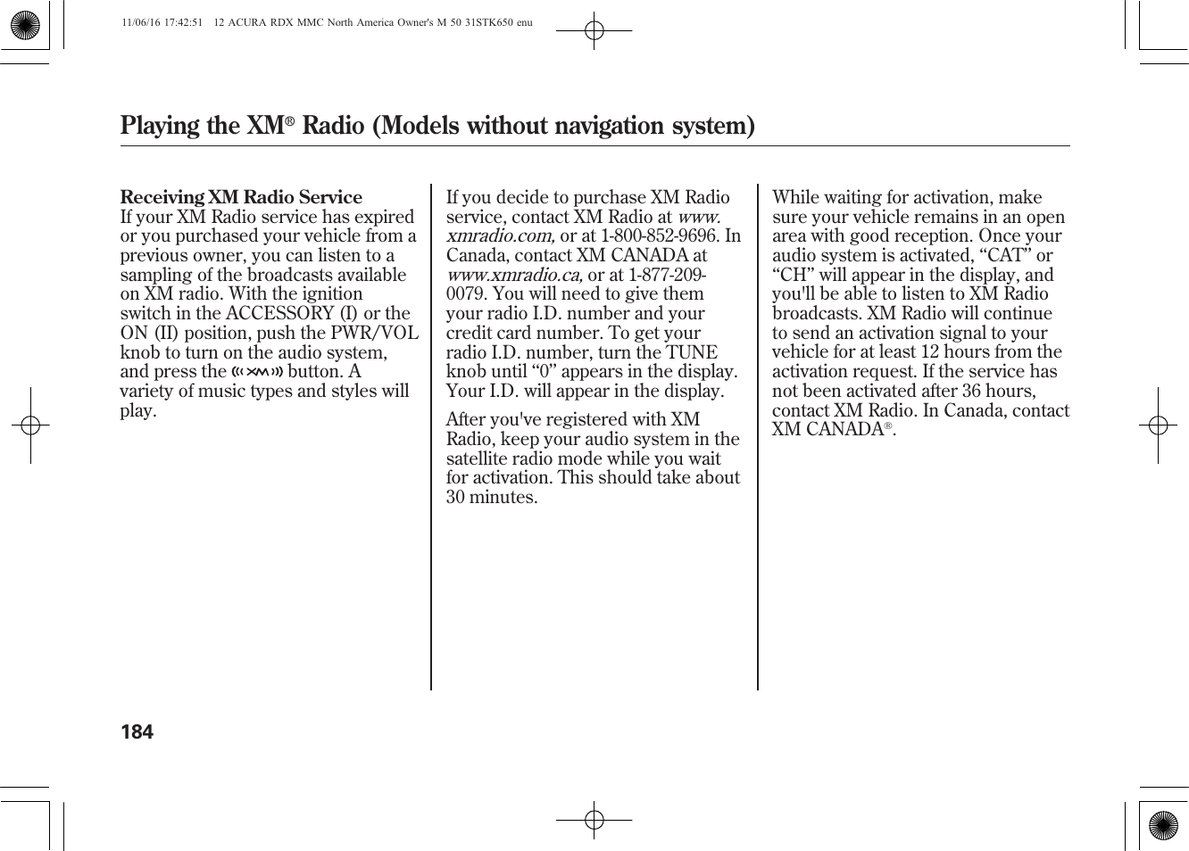 Playing the xm, Radio (models without navigation system) | Acura 2012 RDX User Manual | Page 190 / 518