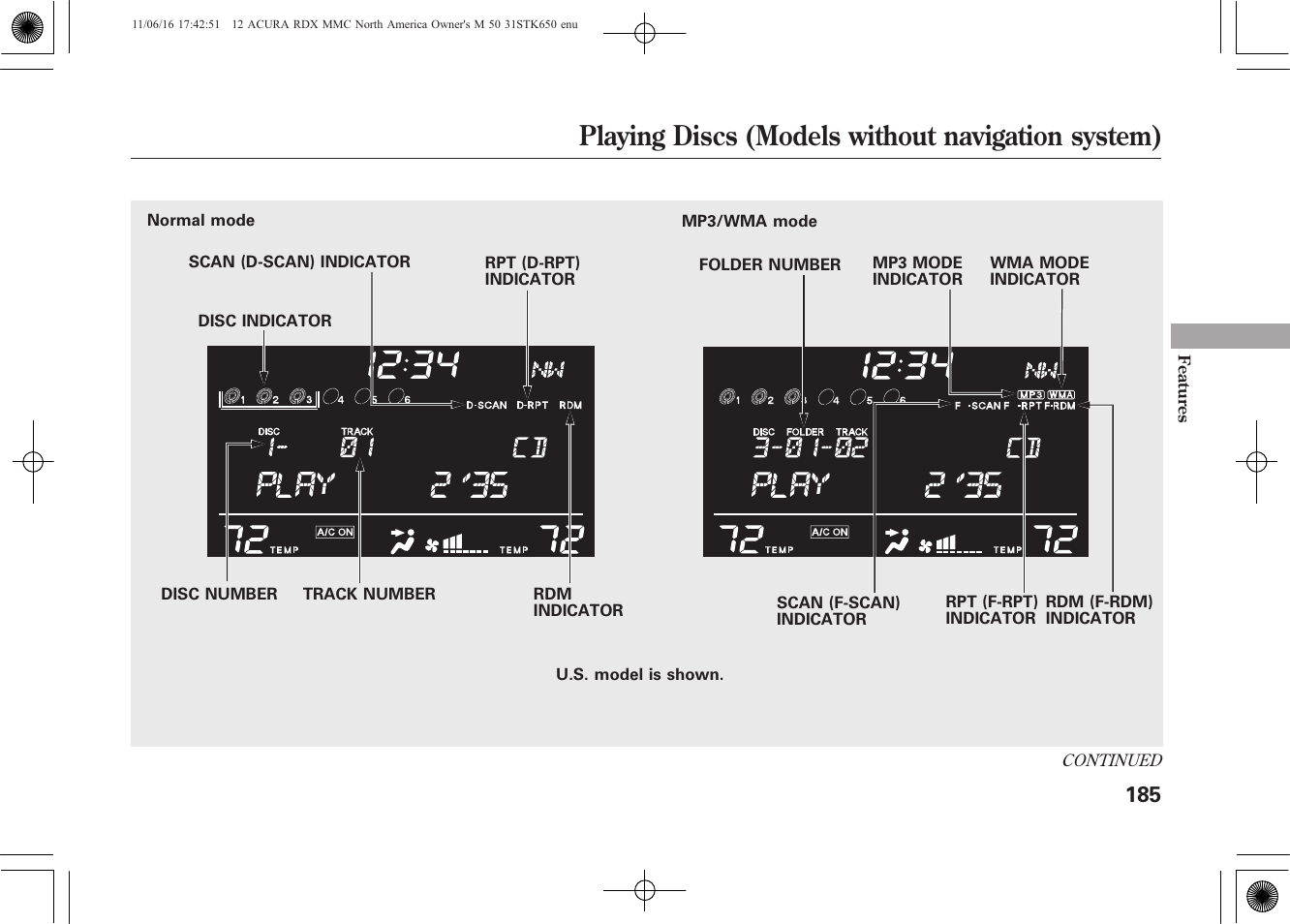 Playing discs (models without navigation system) | Acura 2012 RDX User Manual | Page 191 / 518