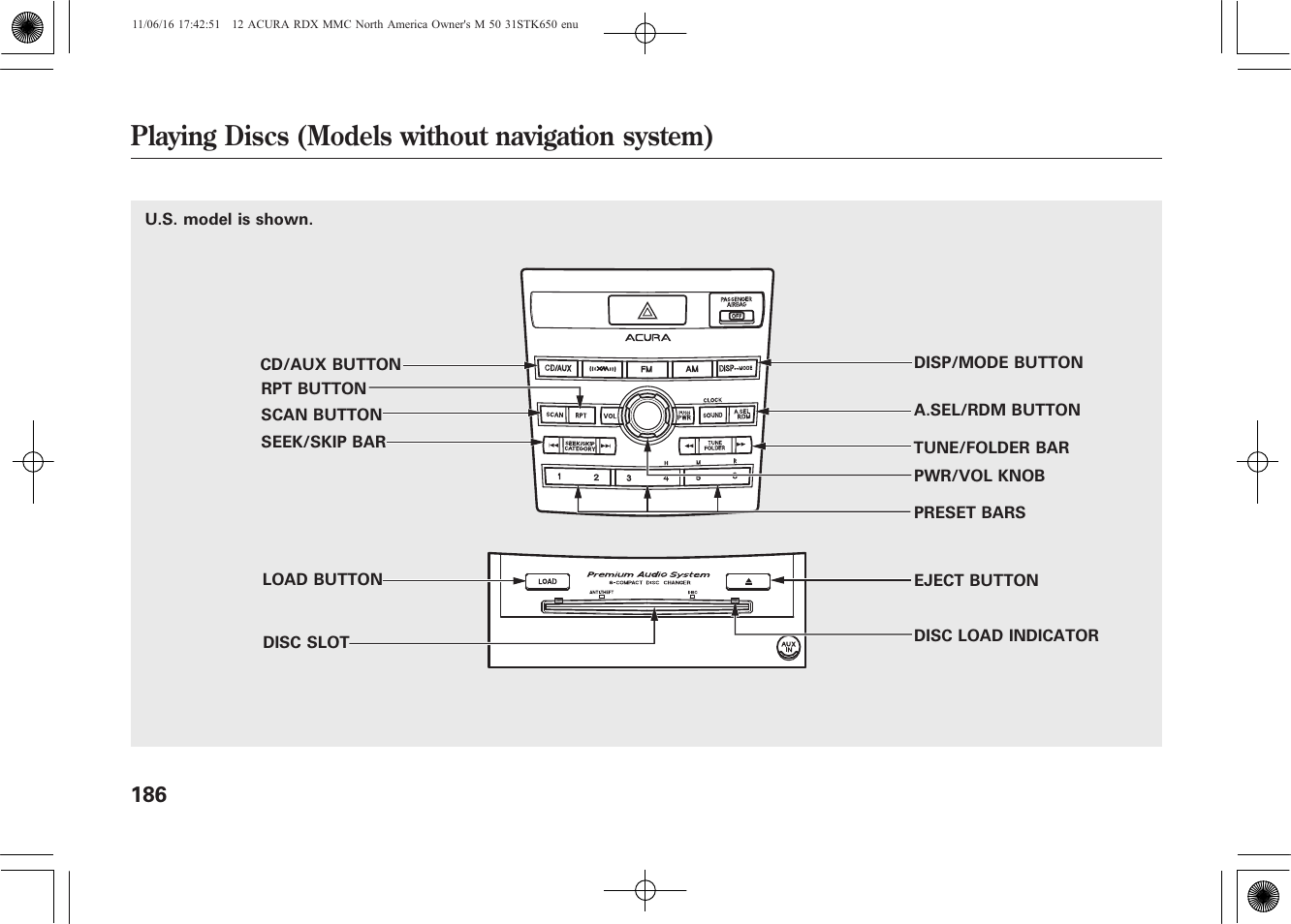 Playing discs (models without navigation system) | Acura 2012 RDX User Manual | Page 192 / 518