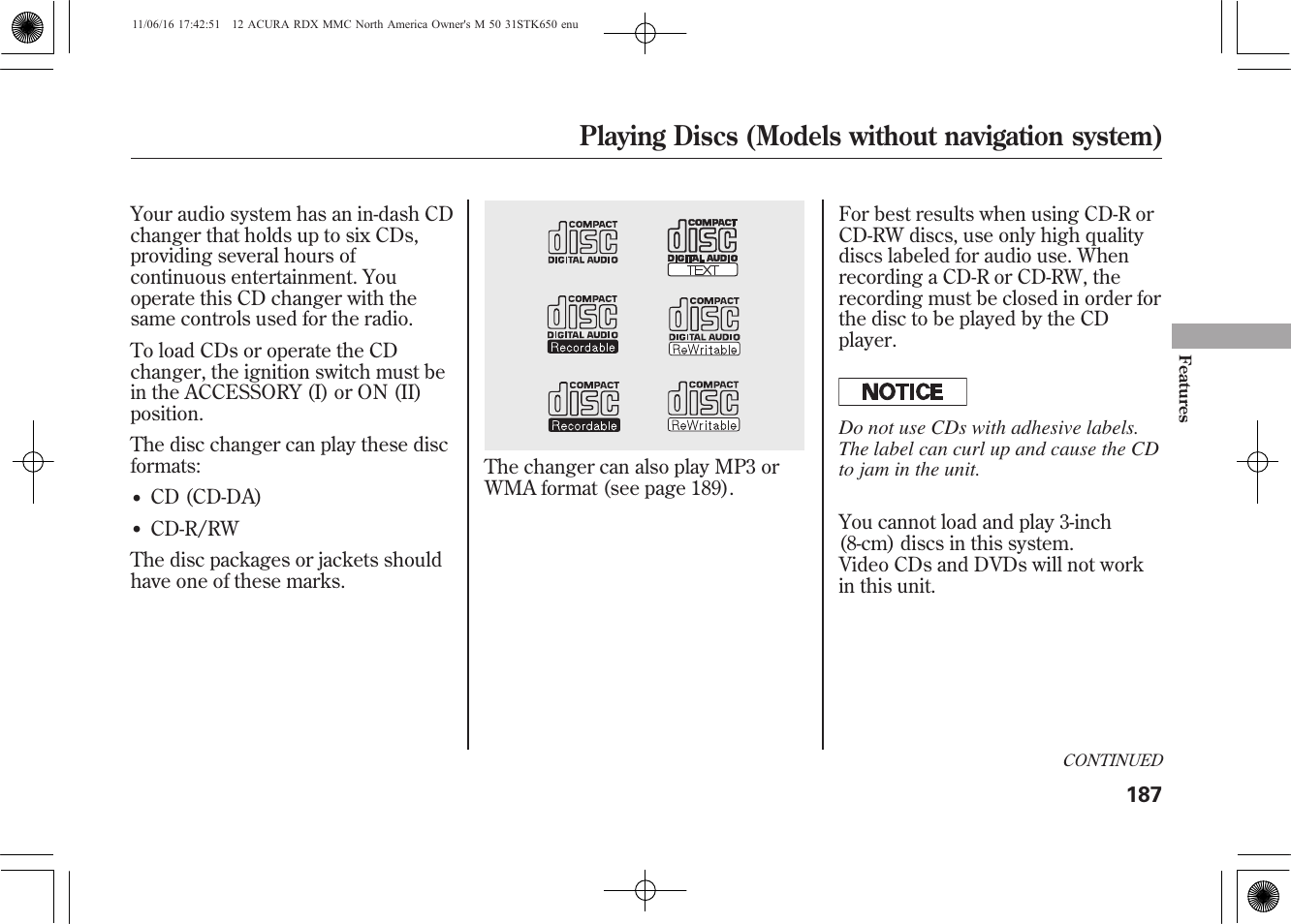 Playing discs (models without navigation system) | Acura 2012 RDX User Manual | Page 193 / 518