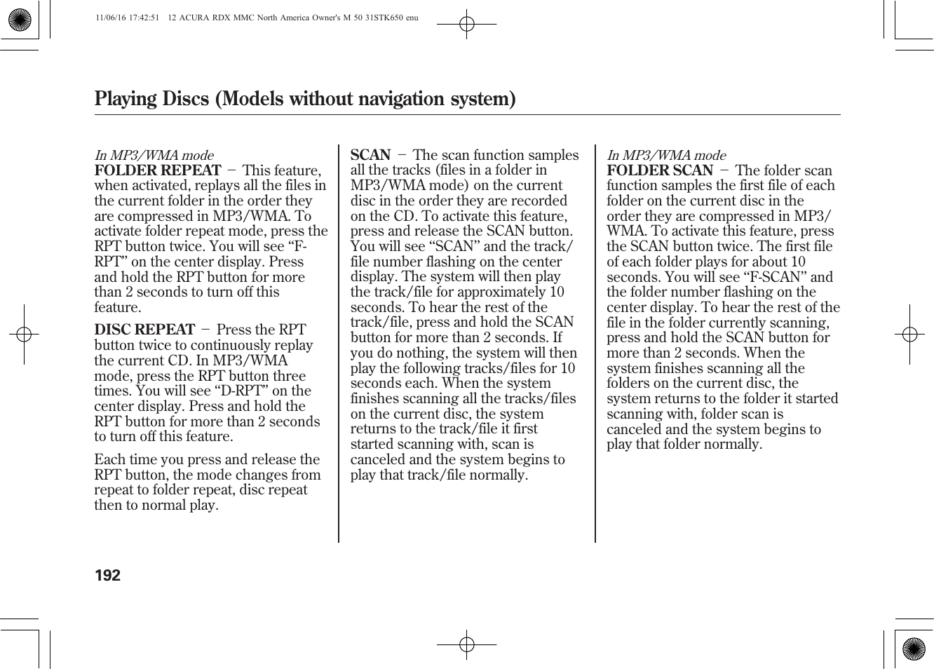 Playing discs (models without navigation system) | Acura 2012 RDX User Manual | Page 198 / 518